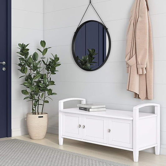 SIMPLIHOME Warm Shaker Entryway Storage Bench - 44 inch Wide Solid Wood Storage Seat in White, Transitional Bench Seat for Mudroom or Living Room with Lift-Up Lid and Shaker-Style Panels