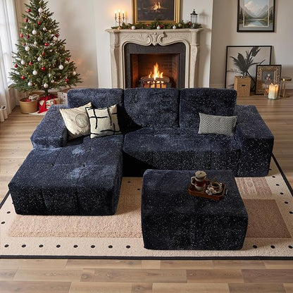114" Glitter Cloud Sectional Couch with L-Shape Chaise & Ottoman, Modern Boneless Couches for Living Room, Fluffy Tufted Deep Seat Modular Sofa No Assembly (Blue Sparkly Velvet,Left Facing)