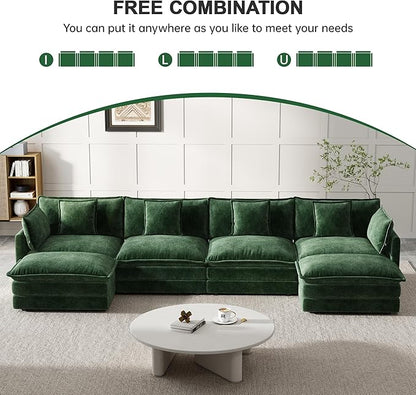 Modular Sectional Sofa, 146.5 Inch U-Shaped Cloud Sofa with Deep Seat Chenille Sofa with Cushions, Four Seater Sectional Sofa for Living Room Apartment,Evergreen