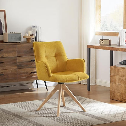 Art Leon Mid Century Modern Desk Chair - Fabric Upholstered Office Chair No Wheels, Swivel Armchair with Oak Wood Legs for Small Space Living Room Bedroom, Set of 2, Yellow