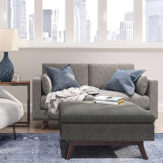 SIMPLIHOME Owen 34 inch Wide Mid Century Modern Rectangle Coffee Table Storage Ottoman in Ebony Tweed Look Fabric, Assembled, for the Living Room, Entryway and Family Room