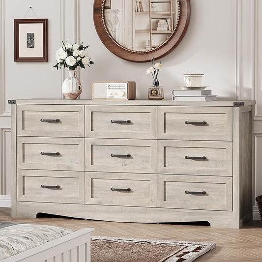 Dresser for Bedroom with 9 Drawers, 63" Wide Wood Chest of Drawers with Deep Drawers & Mental Handle, Modern Dresser TV Stand, Wooden Closet Storage Organizer for Living Room, Hallway, Entryway, Grey