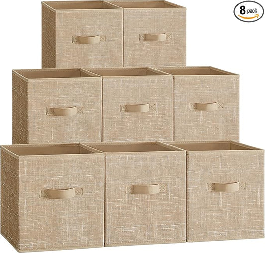 SONGMICS Storage Cubes, 10.2 x 10.2 x 11 Inches Non-Woven Fabric Bins with Double Handles, Set of 8, Closet Organizers for Shelves, Foldable, for Clothes, Sand Beige UROB826K03