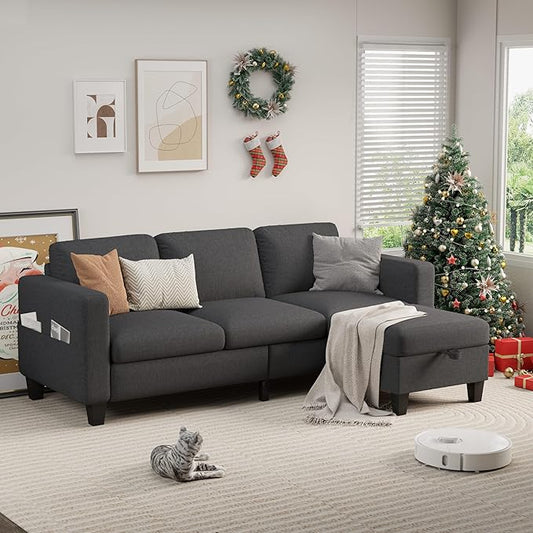 Sectional Sofa and Couches for Living Room, 78'' Dark Grey 3 Seat L-Shaped Couch with Movable Ottoman, Comfy Fabric Convertible Sectionals Sofas with Chaise for Apartment, Office, Small Space