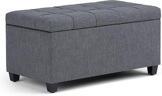 SIMPLIHOME Sienna Storage Ottoman Bench - 33 inch Wide Upholstered Linen Look Fabric Rectangle Storage Ottoman Bench in Dove Grey, Transitional Tufted Ottoman for Living Room or Entryway with Lift Top