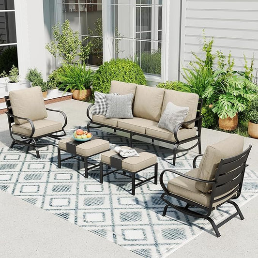 Sophia & William Patio Furniture Sets 5 Seats Outdoor Metal Conversation Sets 5 Pcs with 2 x Cushioned Swivel Sofa Chairs,1 x 3-Seat Sofa,2 x Ottomans for Coffee Lawn Backyard Poolside Beige