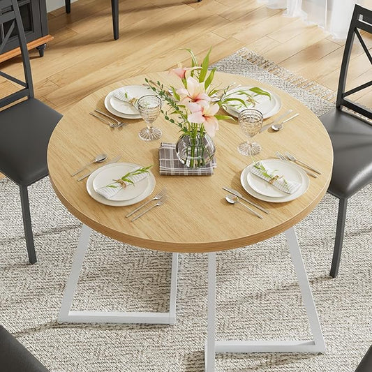 VECELO 35" Round Dining Table for 4, Wood-Grain Tabletop & Heavy-Duty Steel Frame, for Kitchen, Living Room, Easy Assembly, Natural & White