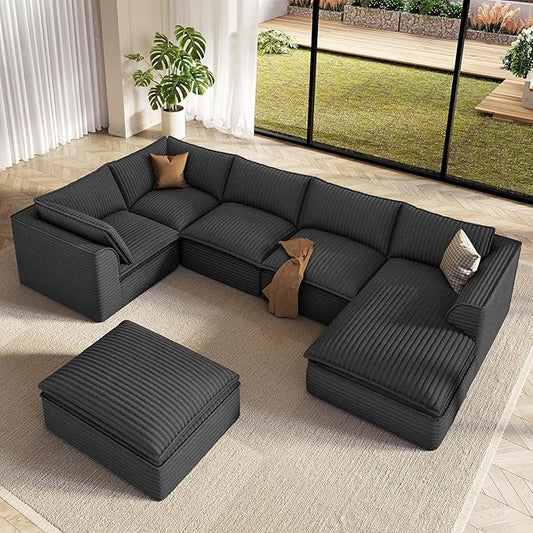 Vesgantti 141.7" Oversized Sectional Boneless Couch, 7 Seater Modular Sofa with Chaise & Ottoman & Armrest, Deep Seat Plush Corduroy Cloud Couch for Living Room, No Assembly Required, Dark Gray