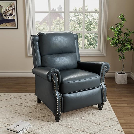Pushback Recliner Chair, Faux Leather Wingback Recliner Chair, Upholstered Armchair Push Back Recliner with Wood Legs, Rivet Trim Single Sofa Accent Chair for Living Room, Bedroom, Navy
