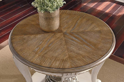 Signature Design by Ashley Realyn Cottage Style Round End Table, Fixed Lower Shelf, Antiqued 2-tone, Finish, Wood, 26" W x 26" D x 25.88" H, White and Brown