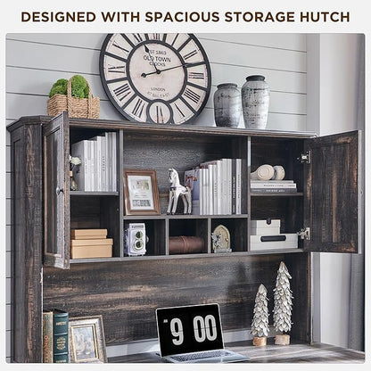 T4TREAM 59" Farmhouse Executive Desk with Hutch,Wood Home Office Computer Desk, Featuring Keyboard Tray,Charging Station,File Drawer, Storage Cabinet,for Work and Study (Dark Rustic Oak)