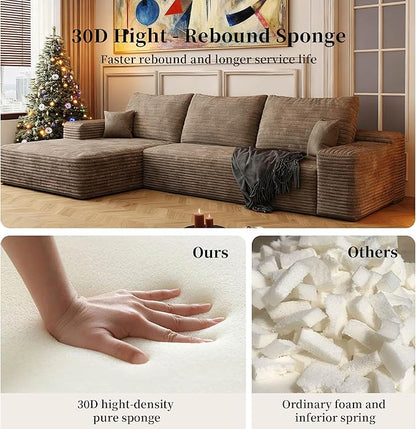 107.5" Boneless L-Shaped Modular Sectional Sofa Couches for Living Room, Corduroy Upholstered Couch with Deep Seat, Large 2-Seater Cloud Sectional Couch, No Assembly, (Camel, Left Facing Chaise)
