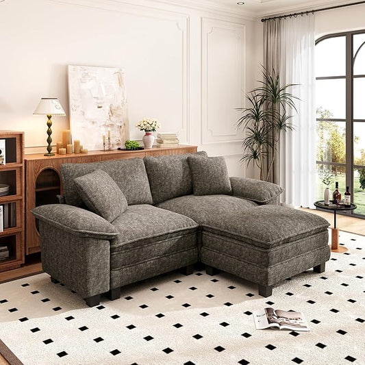 PHI VILLA Cloud Modular Couches Sets, 87.5" Sectional Loveseat Sofa with 1 Movable Ottoman, 3-Seater Comfy Couches for Living Room Apartment, Chenille Fabric, Smoky Grey