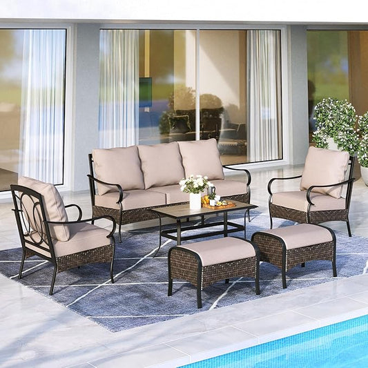 MFSTUDIO Outdoor Patio Furniture Set, 6 PCS Metal Patio Conversation Sets for 7, Patio Sectional Set with High Back 3-Seat Sofa, 2 Fixed Sofa Chairs, 2 Ottoman, 1 Coffee Table, 5.5" Thicken Cushions