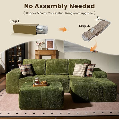 114" Glitter Cloud Sectional Couch with L-Shape Chaise & Ottoman, Modern Boneless Couches for Living Room, Fluffy Tufted Deep Seat Modular Sofa No Assembly (Green Sparkly Velvet,Right Facing)