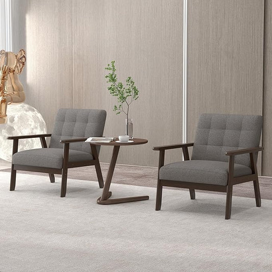 KCC Mid-Century Modern Linen Fabric Accent Chair, Upholstered Leisure Chair Comfy Reading Side Chair with Armrest and Solid Wood Frame for Living Room Bedroom Balcony(Gray)