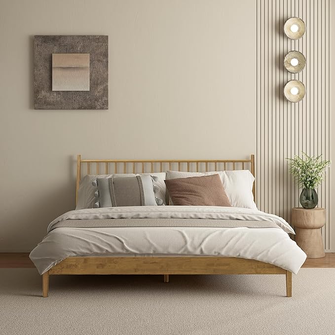 NTC Inno Wooden Bed Frame with Headboard, Solid Oak and Rubber Wood Foundation with Silent Slats and Wood Central Supports, 1000 Lb Capacity, Effortless Assembly, King - Teak Look