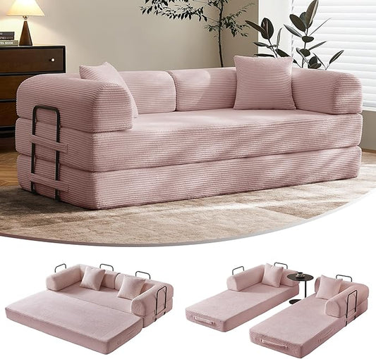79" Convertible Sofa Bed with Fixed-Shape Frame & Removable Armrests, Modular Corduroy Sleeper Sofa, Folding Mattress Couch for Small Spaces - No Assembly Needed in Pink (Includes 2 Pillows)