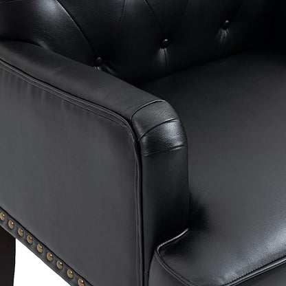Pia Ricco PU Leather Accent Chair: Modern Nailhead Trim Armchair with Wooden Legs - Upholstered Reading Seat for Office, Living Room, Bedroom-Black