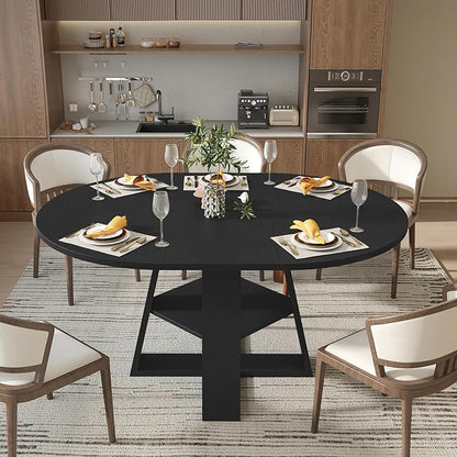 Aivermel 43.3‑59 in Extendable Oval Dining Table for 4‑6, Engineered Wood Round Dining Table with Hidden Extension Storage &Bottom Shelf, Space‑Saving Modern Kitchen Living Room Tables (Vintage Black)