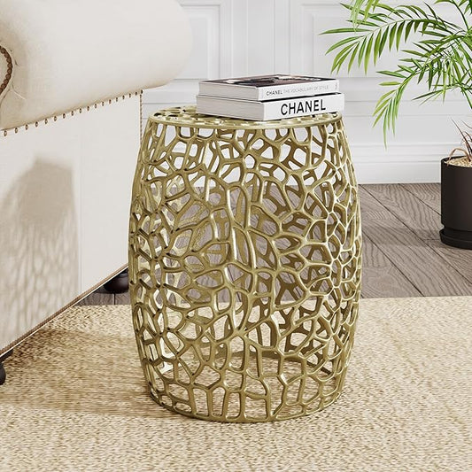 Christopher Knight Home Helast Aluminium Side Table, 14.00'' W Round Sofa Side Table, Modern Indoor Accent Table for Living Room Bedroom Home Office, Abstract Hollow, Gold