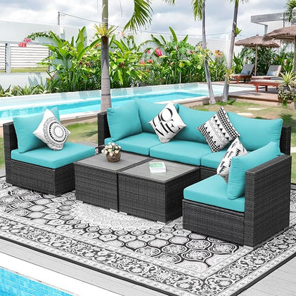 NICESOUL 7 Piece XL Large Modern Outdoor Furniture Sofa Set, 29.3'' High Back Wicker Patio Modular Sectional with Tables, All-Weather Deep Conversations for Backyard, 2 Color Cushion Turquoise & Gray
