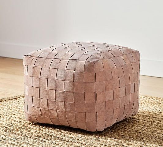Luxury Handcrafted Suede Basketweave Pouf Ottoman – Soft & Durable Floor Cushion, Footrest, Accent Seating for Living Room, Bedroom, Office Stylish Modern Home Décor (Rosewood, 18" x 18" x 14")