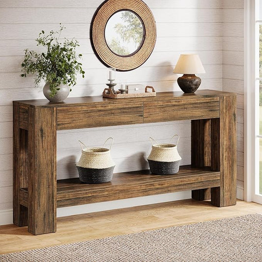 Tribesigns 63" Console Table with 2 Drawers, Farmhouse Entryway Table with Storage Shelf and Sturdy Legs, Wooden Sofa Table for Living Room, Hallway, Entrance (Dark Brown)