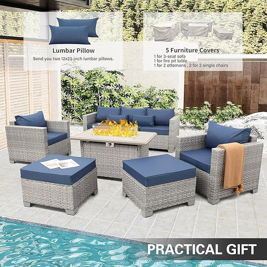 WAROOM Patio Furniture Set 6 Piece Grey Wicker Outdoor Furniture Patio Sectional Sofa Couch PE Rattan Conversation Sets with Fire Pit Table, Blue Cushion
