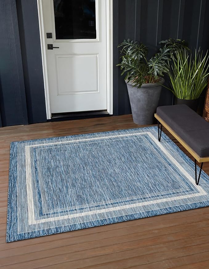 Unique Loom Outdoor Border Collection Area Rug - Soft Border (5' 3" Square, Blue/ Ivory)