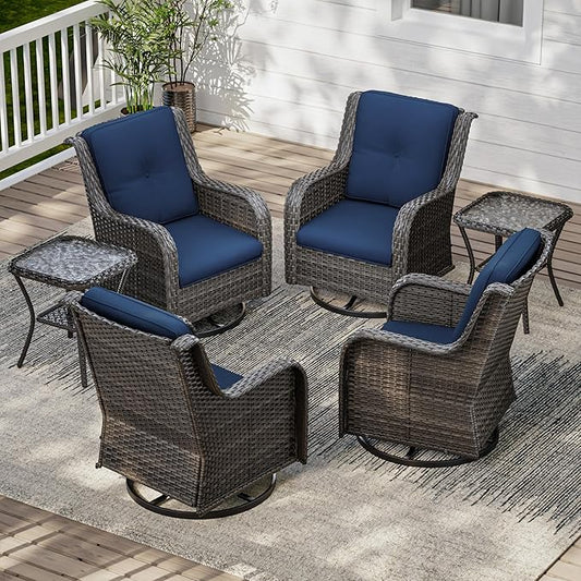 6 Pieces Outdoor Furniture Set - Patio Wicker Swivel Rocker Chair Set of 4 and 2 Side Table, Blue, Mixed Brown Rattan, Suitable for Porch, Yard