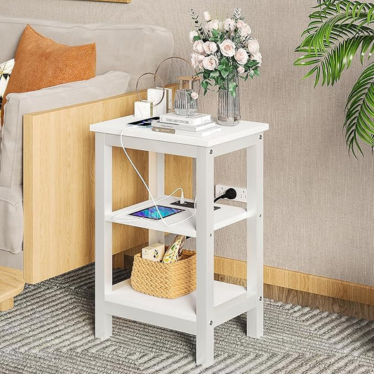 VECELO Modern Nightstands with Charging Station,Side End Table Night Stand with Storage Shelf for Small Spaces, Bedroom,Living Room