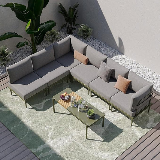 Sundale Outdoor 7 Pieces Metal Patio Furniture Set, Outdoor Sectional Sofa w/6 Inch Olefin Cushion and Coffee Table, Modern Outdoor Conversation Sets (6 Seats, Green Frame)