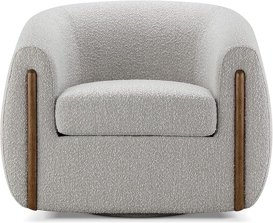CHERS Aspen Swivel Accent Chair with Wood Accents, Bouclé Upholstered Armchair for Living Room, 360° Swivel Barrel Chair with High-Density Cozy Foam Cushioning, Modern Design, Light Gray