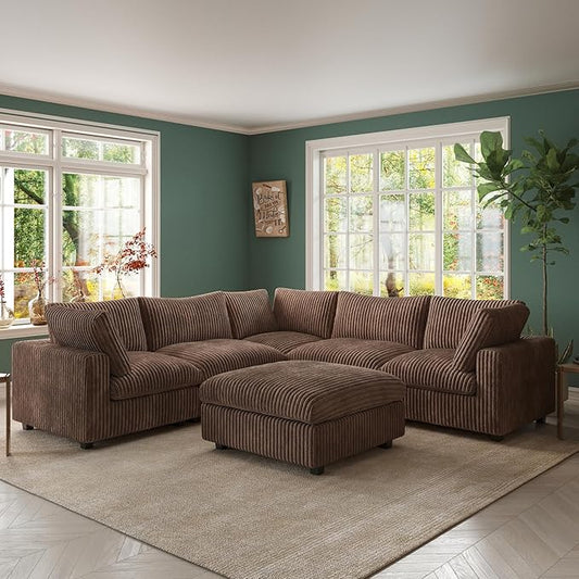 Modular Sectional Sofa, Oversized Cloud Couch, Deep Seat Comfy Modular Couches for Living Room, Ottoman, Plush Couch Cushion Covers Removable, Brown