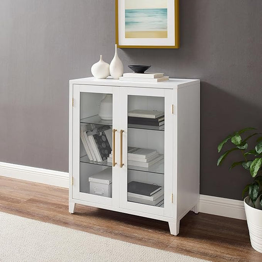 Crosley Furniture Roarke Stackable Glass Door Kitchen Pantry Storage Cabinet, Accent Cabinets for Entryway, White