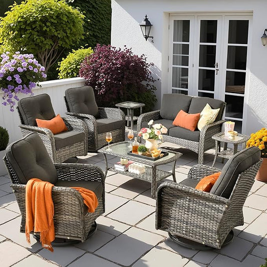 8 PCS Patio Outdoor Furniture Set with Swivel Rocking Chairs,All Weather Wicker Rattan Patio Seating Sofa and Chairs Set,Outdoor Conversaiton Sets for Deck Yard Prrch Garden Poolside,Black