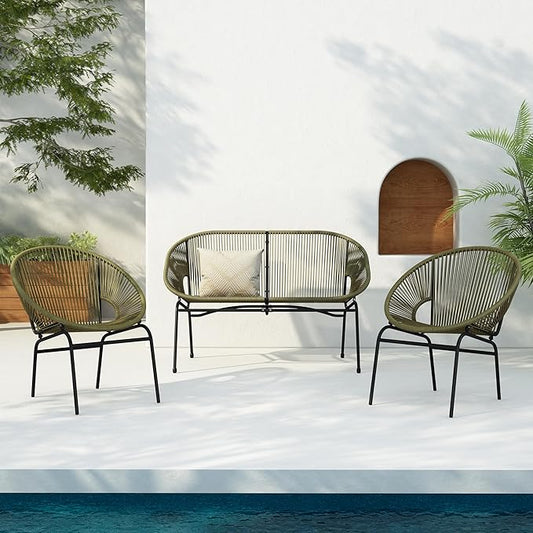 Christopher Knight Home Dessa 3 Piece Patio Furniture Set, Patio Wicker Accent Chair Set of 2 and Loveseat, Metal Frame 4 Seater Outdoor Papasan Lounge Chair Set, PE Rattan Outdoor Bistro Set, Green