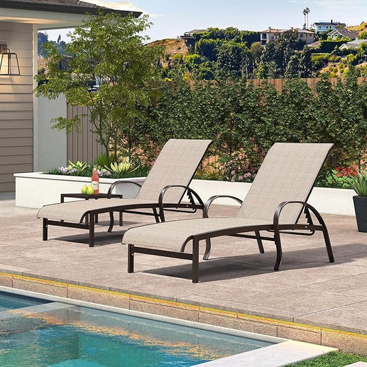 PURPLE LEAF Outdoor Chaise Lounge Chair Set of 3 Patio Pool Lounger Aluminum Chairs with Side Table Adjustable Tanning Recliner for Outside Yard Deck Lawn Garden Beach Khaki