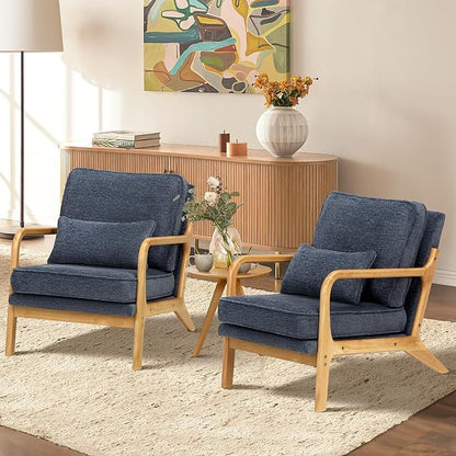 Modern Accent Chair with Lumbar Pillow, Relaxing Mid Century Chair Armchair with Solid Wood Frame & Soft Cushion, Reading Leisure Armchair for Living Room, Blue