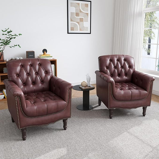 UIXE Faux Leather Accent Chair for Living Room, Tufted Arm Chair Retro Upholstered Club Armchair with Solid Wood Legs - Dark Red, Set of 2