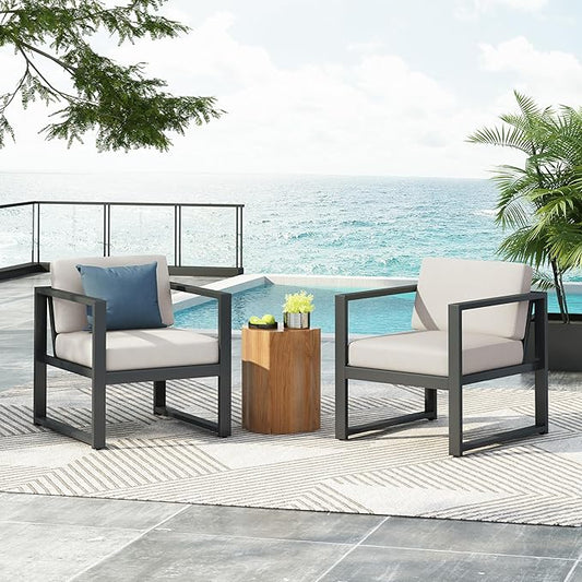 Christopher Knight Home Navan Set of 2 Outdoor Patio Club Chairs with Cushions, Aluminum Outdoor Armchair, Garden Sofa Lounge Chairs, Patio Conversation Set for Porch Backyard Garden, Beige+Black