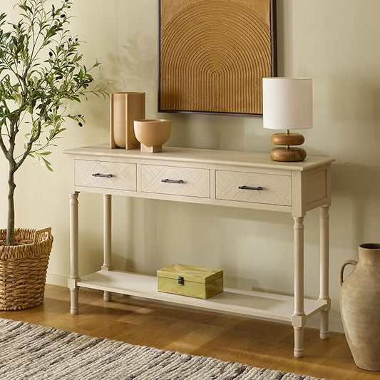 SAFAVIEH Home Collection - Peyton Sand Console Table with 3 Drawers and 1 Shelf, Farmhouse Accent Entryway Table (CNS5705F)