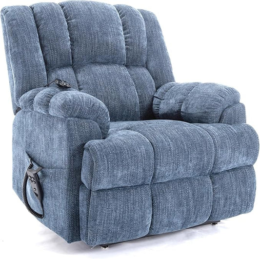 Power Lift Recliner Chair for Elderly, Oversized Chenille Electric Recliners Chairs for Living Room, Dual Motor 180° Lay Flat Recliner Big Sofa with Massage and Heating, Heavy-Duty, Blue
