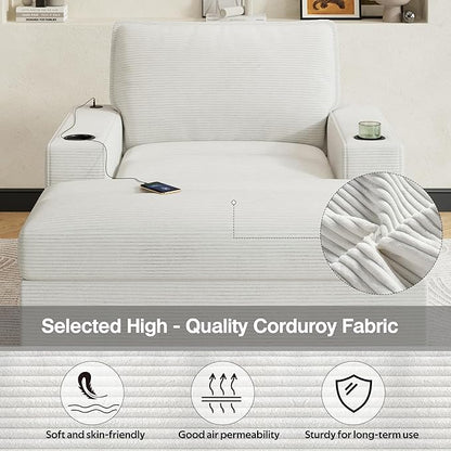 Christopher Knight Home Zoe Oversized Chaise Lounge Chair Indoor with Cup Holders & USB Charging Port, Corduroy Upholstered Sofa Bed + Ottoman with Storage, Comfy Deep Seat Sleeper Sofa Chair, Beige