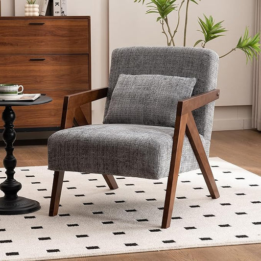 Mid-Century Modern Accent Chair with Solid Wood Frame，Upholstered Chenille Living Room Arm Chairs with Pillow for Bedroom, Living Room, Reading Room, Balcony, Grey