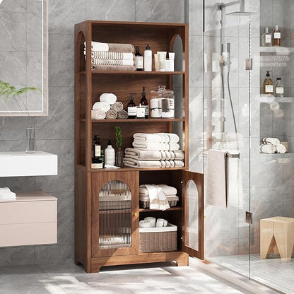 RARZOE 71" Tall Bookshelf and Bookcase, 5-Tier Arched Bookshelf with Glass Doors, Floor Standing 5 Shelf Book case, Wood Display Cabinet Storage Organizer for Living Room, Bedroom, Office(Walnut)