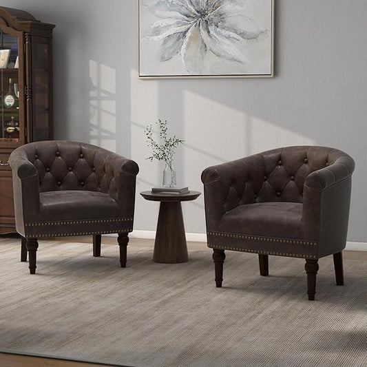 Lumibee Faux Leather Barrel Chairs, Upholstered Accent Chairs Set of 2 for Living Room, Modern Comfy Club Armchairs for Office, Bedroom, Waiting Room-Chocolate