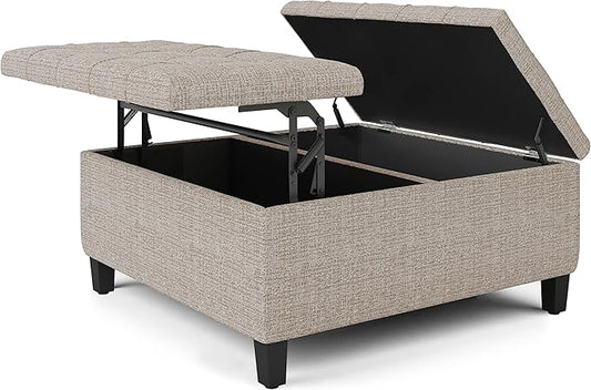 SIMPLIHOME Harrison Coffee Table Storage Ottoman - 36 inch Wide Upholstered Tweed Look Fabric Square Lift-Top Ottoman in Platinum, Transitional Ottoman for Living Room with Hidden Storage