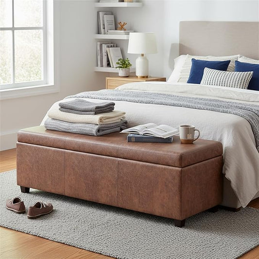 SIMPLIHOME Avalon Storage Ottoman - 54 inch Wide Upholstered Solid Wood Rectangular Ottoman Bench in Distressed Pecan Brown, Contemporary Ottoman for Bedroom or Living Room with Lift-Up Lid